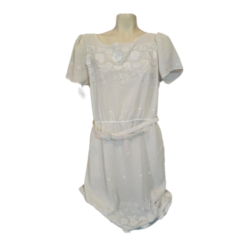 Women's Cream Embroidered Midi Dress with Belt‎